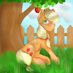 Size: 3000x3000 | Tagged: safe, artist:icefoxe, derpibooru import, applejack, earth pony, pony, apple, apple tree, female, fence, grass, looking at you, mare, obligatory apple, sidemouth, sitting, smiling, solo, tree