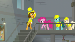 Size: 1920x1080 | Tagged: safe, screencap, cheese sandwich, pinkie pie, earth pony, pony, the last laugh, brown mane, duo, female, male, mare, orange coat, pink coat, pink mane, stallion