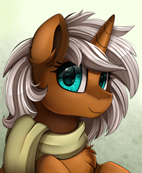 Size: 1446x1764 | Tagged: safe, artist:pridark, oc, oc:macchiato, pony, unicorn, bust, chest fluff, clothes, commission, portrait, scarf, smiling, solo