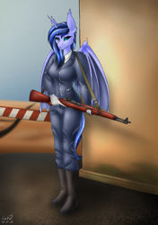 Size: 2400x3400 | Tagged: safe, artist:catd-nsfw, oc, oc:gloom spectrum, alicorn, anthro, asphalt, bat wings, bored, clothes, gloves, looking forward, m1 garand, necktie, outpost, post, solo, uniform, weapon, wings, ych result