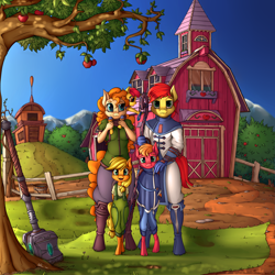 Size: 4000x4000 | Tagged: safe, artist:neko-me, derpibooru import, apple bloom, applejack, big macintosh, bright mac, pear butter, anthro, unguligrade anthro, apple bloomers, apple buruma project, clothes, commission, family, fantasy class, female, looking at you, mage, male, older, pants, sweet apple acres, tree, warrior