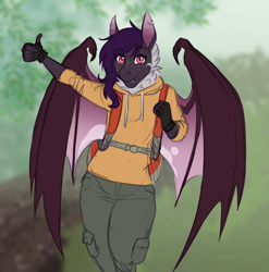 Size: 1776x1797 | Tagged: safe, artist:askbubblelee, oc, oc only, oc:midnight mural, anthro, bat pony, anthro oc, backpack, bat pony oc, clothes, digital art, fangs, female, freckles, hitchhiking, mare, slit eyes, smiling, solo, sweater