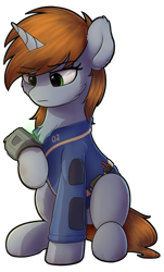 Size: 784x1302 | Tagged: safe, artist:av-4, artist:avastin4, oc, oc only, oc:littlepip, pony, unicorn, fallout equestria, chest fluff, clothes, fanfic, fanfic art, female, hooves, horn, looking at something, mare, pipbuck, simple background, sitting, solo, transparent background, vault suit