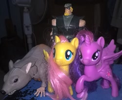 Size: 1813x1480 | Tagged: safe, artist:edhelistar, derpibooru exclusive, fluttershy, twilight sparkle, twilight sparkle (alicorn), alicorn, human, pegasus, rat, action figure, beast mode, beast wars, brushable, dc comics, green arrow, irl, photo, rattrap, size comparison, toy, transformers