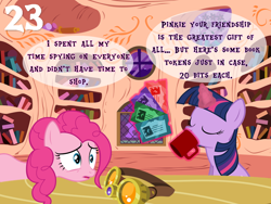 Size: 1024x768 | Tagged: safe, artist:bronybyexception, pinkie pie, twilight sparkle, earth pony, pony, advent calendar, book, book token, bookshelf, drinking, golden oaks library, mug, safety goggles, token