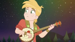 Size: 1280x720 | Tagged: safe, screencap, big macintosh, better together, choose your own ending, equestria girls, the last drop, the last drop: big macintosh, banjo, clothes, male, musical instrument, night, night sky, sky