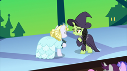 Size: 2100x1180 | Tagged: safe, screencap, sea swirl, seafoam, twinkleshine, written script, pony, unicorn, between dark and dawn, actress, audience, book, braid, broomhilda, clothes, dress, duo focus, elphaba, female, glinda, glinda (character), glinda the good witch, green, hat, hoof hold, hoof on chest, lotta little things, mare, musical, play, ringlets, the wizard of oz, wicked, wicked witch, wicked witch of the west, witch, witch hat