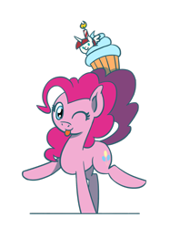 Size: 1280x1707 | Tagged: safe, artist:flutterluv, derpibooru import, pinkie pie, oc, oc:fausticorn, alicorn, earth pony, pony, ;p, cupcake, cute, female, food, mare, one eye closed, simple background, solo, tongue out, transparent background, wink