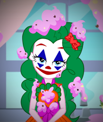 Size: 847x1000 | Tagged: safe, edit, edited screencap, screencap, pinkie pie, better together, equestria girls, the craft of cookies, bedroom eyes, cropped, crossover, female, joker (2019), looking at you, paint tool sai, parody, pinkie joker, recolor, ribbon, smiley face, smiling, solo, the joker, user meltdown in the comments, vignette, window