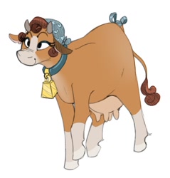 Size: 856x895 | Tagged: safe, artist:whydomenhavenipples, oc, oc only, oc:issa, cow, bell, bow, collar, cow oc, cowbell, female, hairnet, horns, simple background, solo, tail bow, udder, white background