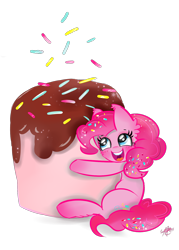 Size: 1000x1400 | Tagged: safe, artist:tractaresolidum, pinkie pie, earth pony, pony, blushing, cheek fluff, chocolate, cute, diapinkes, ear fluff, female, food, leg fluff, mare, marshmallow, open mouth, simple background, sitting, solo, sprinkles, transparent background