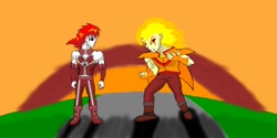 Size: 1366x685 | Tagged: safe, artist:israelyabuki, oc, oc only, oc:eternal flames, oc:pennywise, oc:supernova, equestria girls, 1000 hours in ms paint, abs, angry, armor, boots, clothes, epic fight, fire hair, it, muscles, pennywise, ready to fight, red hair, ronald mcdonald, saint seiya, shoes, stand-off, sundown