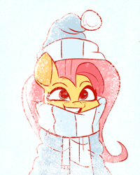 Size: 1284x1605 | Tagged: safe, artist:fluttershythekind, fluttershy, pegasus, pony, bust, clothes, cute, female, grin, hat, looking at you, mare, portrait, scarf, shyabetes, simple background, smiling, snow, snowfall, solo, three quarter view, white background, winter outfit