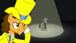 Size: 1920x1080 | Tagged: safe, screencap, cheese sandwich, pony, the last laugh, clothes, hat, sans smirk, suit, top hat