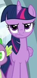 Size: 354x753 | Tagged: safe, screencap, spike, twilight sparkle, twilight sparkle (alicorn), alicorn, dragon, pony, newbie dash, cropped, disappointed, female, frown, grumpy, grumpy twilight, male, mare, offscreen character, solo focus, twilight is not amused, unamused