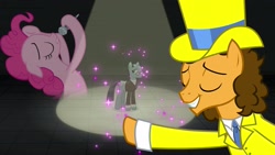 Size: 1920x1080 | Tagged: safe, screencap, cheese sandwich, pinkie pie, pony, the last laugh, clothes, glasses, glitter, hat, microphone, sans smirk, suit, top hat