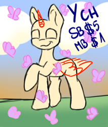 Size: 1700x2000 | Tagged: safe, artist:jellyys, oc, alicorn, bat, butterfly, pegasus, pony, unicorn, any gender, any race, any species, auction, commission, cute, solo, sunset, your character here