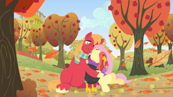 Size: 2880x1620 | Tagged: safe, anonymous artist, big macintosh, fluttershy, bird, pegasus, pony, series:fm holidays, apple, apple tree, autumn, autumn leaves, clothes, eyes closed, falling leaves, female, fluttermac, holiday, hug, leaf, leaves, lineless, male, no pupils, nose in the air, nuzzling, one eye closed, scarf, shipping, straight, sweater, sweatershy, sweet apple acres, thanksgiving, tree, turkey