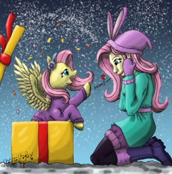 Size: 888x900 | Tagged: safe, artist:edhelistar, fluttershy, pegasus, pony, best gift ever, equestria girls, equestria girls series, holidays unwrapped, spoiler:eqg series (season 2), absurd resolution, boots, clothes, coat, confetti, cute, duo, earmuffs, female, floating heart, fluttershy's winter hat, fluttersquee, gift box, gloves, gradient background, heart, hearth's warming, human ponidox, kanji, leggings, looking at each other, mare, mixed media, self paradox, self ponidox, shoes, shyabetes, signature, snow, squee, sweater, sweatershy, tengwar, text, winter outfit