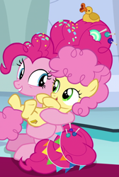 Size: 552x820 | Tagged: safe, derpibooru import, screencap, li'l cheese, pinkie pie, earth pony, pony, the last problem, all is well, candy, cropped, cute, cutie mark, dangerously cute, female, foal, food, happy go lucky, holding, like mother like son, looking at each other, male, mother, mother and child, mother and son, older, older pinkie pie, open mouth, parent and child, rubber duck, sitting, smiling, sprinkles, time skip, too cute