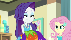 Size: 1920x1080 | Tagged: safe, screencap, fluttershy, rarity, better together, equestria girls, holidays unwrapped, canterlot high, classroom, clothes, cornucopia costumes, costume, duo, duo female, eyeshadow, female, geode of fauna, geode of shielding, lidded eyes, magical geodes, makeup, o come all ye squashful, raised eyebrow