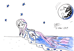 Size: 2472x1720 | Tagged: safe, artist:gafelpoez, fluttershy, pegasus, pony, beach, female, full moon, mare, mare in the moon, moon, night, queen