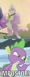 Size: 330x849 | Tagged: safe, edit, edited screencap, editor:undeadponysoldier, screencap, princess twilight 2.0, spike, twilight sparkle, twilight sparkle (alicorn), alicorn, dragon, the last problem, angry, cropped, gigachad spike, hater, impostor, leak, male, older, older spike, older spike drama, pointing, winged spike