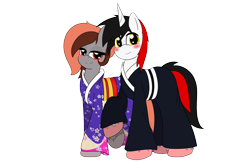 Size: 3910x2550 | Tagged: safe, artist:takaneko13, oc, oc:dusk, oc:firestar, pegasus, pony, unicorn, clothes, couple, dustar, female, freckles, kimono (clothing), male, mare, shipping, simple background, stallion, transparent background, yukata