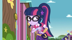 Size: 1280x720 | Tagged: safe, screencap, sci-twi, twilight sparkle, better together, choose your own ending, equestria girls, the road less scheduled, the road less scheduled: fluttershy, clothes, female, geode of telekinesis, glasses, magical geodes, ponytail, skirt