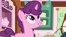 Size: 1920x1080 | Tagged: safe, screencap, sugar belle, pony, unicorn, the big mac question, baking, cute, female, grin, kitchen, looking up, mare, smiling, solo