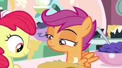 Size: 1920x1080 | Tagged: safe, screencap, apple bloom, scootaloo, earth pony, pegasus, pony, the big mac question, batter, bowl, food