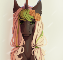 Size: 1627x1540 | Tagged: safe, artist:vatman, oc, oc:xyla, pony, unicorn, bust, flower, flower in hair, freckles, gradient horn, horse face, looking at you, pigtails, portrait, simple background, solo