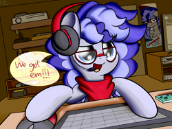 Size: 2048x1536 | Tagged: safe, artist:kimjoman, oc, oc:cinnabyte, pony, adorkable, bandana, computer, computer mouse, cute, dork, gaming headset, glasses, headset