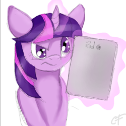 Size: 800x800 | Tagged: safe, artist:realbarenziah, twilight sparkle, pony, atg 2012, female, frown, glowing horn, horn, ipad, magic, mare, narrowed eyes, simple background, solo, telekinesis, white background