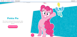 Size: 1439x688 | Tagged: safe, pinkie pie, earth pony, pony, balloon, bipedal, cutie mark, excited, fail, female, google, google translate, grin, happy, hasbro, looking at you, mare, official, smiling, solo, translation, translation fail, underhoof, website