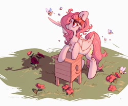 Size: 1572x1300 | Tagged: safe, artist:frgtmenot_mind, oc, oc only, bee, pegasus, pony, bee box, beehive, beekeeper, flower, solo