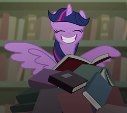 Size: 1210x1080 | Tagged: safe, screencap, twilight sparkle, twilight sparkle (alicorn), alicorn, pony, castle mane-ia, book, cropped, eyes closed, female, mare, smiling, solo