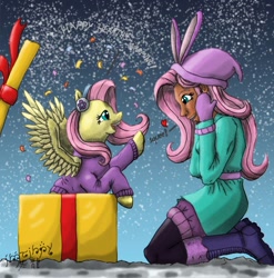 Size: 888x900 | Tagged: safe, alternate version, artist:edhelistar, fluttershy, human, pegasus, pony, best gift ever, better together, equestria girls, holidays unwrapped, absurd resolution, boots, clothes, coat, confetti, duo, earmuffs, female, floating heart, fluttershy's winter hat, fluttersquee, gift box, gloves, gradient background, heart, hearth's warming, human coloration, human ponidox, kanji, leggings, looking at each other, mare, mixed media, moderate dark skin, self paradox, self ponidox, shoes, signature, snow, squee, sweater, sweatershy, tengwar, text, winter outfit