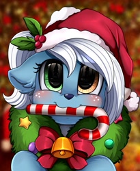 Size: 809x988 | Tagged: safe, artist:pridark, oc, oc only, oc:icicle crash, deer, blue coat, blushing, brown eye, candy, candy cane, christmas, christmas wreath, coat markings, deer oc, food, freckles, green eye, hat, hearth's warming, hearth's warming eve, heterochromia, holiday, ice deer, santa hat, white hair, white markings, wreath