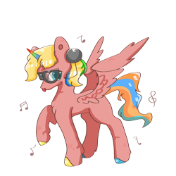 Size: 960x960 | Tagged: safe, artist:coco, oc, oc only, oc:infinity sunset, alicorn, pony, 2020 community collab, alicorn oc, derpibooru community collaboration, glasses, headphones, music notes, simple background, solo, tongue out, transparent background