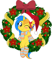 Size: 831x962 | Tagged: safe, artist:jhayarr23, oc, oc only, oc:electric sparkz, pony, unicorn, blue eyes, blue hair, blushing, christmas, christmas wreath, clothes, hat, hearth's warming, hearth's warming eve, holiday, jhayarr23's holiday ych, movie accurate, one eye closed, orange hair, santa hat, scarf, simple background, socks, solo, striped socks, transparent background, unicorn oc, wink, winking at you, wreath, ych result, yellow coat