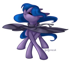 Size: 900x771 | Tagged: safe, artist:realbarenziah, oc, oc only, pony, cloak, clothes, dancing, eyes closed, female, head turn, mare, simple background, smiling, solo, white background