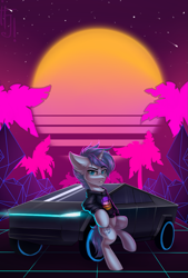 Size: 1021x1507 | Tagged: safe, artist:falafeljake, oc, oc:tesseract, pony, unicorn, 1980's, car, outrun, solo, tesla, tesla cybertruck