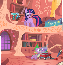 Size: 2939x3052 | Tagged: safe, edit, edited screencap, screencap, spike, twilight sparkle, unicorn twilight, dragon, pony, unicorn, owl's well that ends well, apple, bed, book, bookshelf, cart, composite screencap, duo, female, flower, food, golden oaks library, looking down, mare, punch (drink), punch bowl