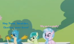 Size: 109x65 | Tagged: safe, edit, edited screencap, screencap, gallus, sandbar, silverstream, griffon, hippogriff, pony, 2 4 6 greaaat, 8-bit, arms in the air, breaking the fourth wall, caption, cropped, hoof in air, image macro, looking at someone, low res image, photo, picture for breezies, sitting, stadium, text