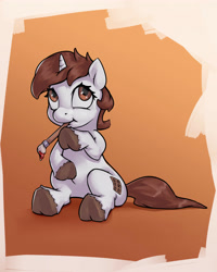 Size: 4000x5000 | Tagged: safe, artist:eugene, oc, oc only, oc:dorm pony, pony, unicorn, brown eyes, brown mane, chibi, cute, digital art, paintbrush, sitting, solo, thinking