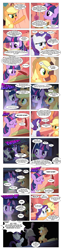 Size: 868x3543 | Tagged: safe, artist:dziadek1990, edit, edited screencap, screencap, applejack, rarity, twilight sparkle, earth pony, pony, unicorn, comic:sunny day, look before you sleep, comic, conversation, decapitated, dialogue, dungeons and dragons, golden oaks library, library, pen and paper rpg, rpg, scared, screencap comic, slice of life, tabletop game, text