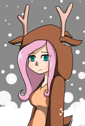 Size: 1000x1480 | Tagged: safe, artist:genericmlp, fluttershy, deer, human, animal costume, breasts, christmas, clothes, costume, holiday, hootershy, humanized, smiling, snow, snowfall