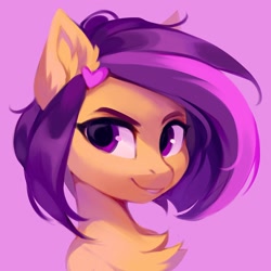 Size: 1024x1024 | Tagged: safe, artist:lispp, artist:share dast, oc, oc only, oc:amethyst arkin, pony, bust, chest fluff, ear fluff, looking at you, pink background, simple background, solo