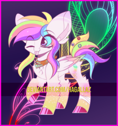 Size: 1025x1100 | Tagged: safe, artist:hagallaz, oc, pegasus, pony, :p, abstract background, adoptable, adoption, colored hooves, ethereal mane, female, mare, one eye closed, pink, rainbow, rainbow hair, raised hoof, shiny, solo, starry mane, tongue out, wink, yellow